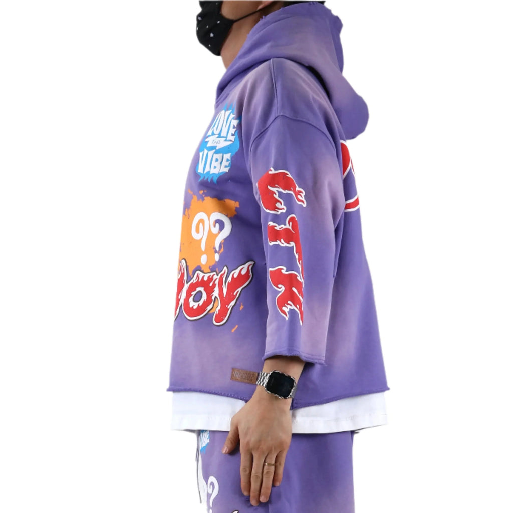 DIAZ French Terry 3/4 Sleeve Crop Top Pullover Hoodie